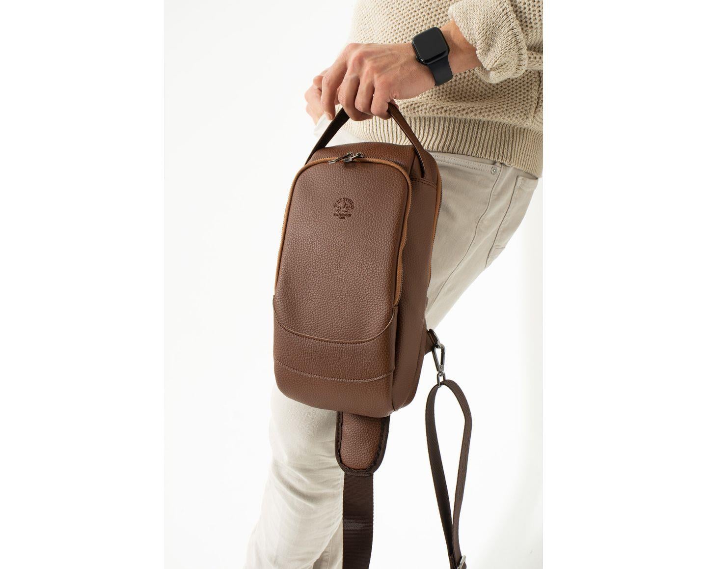 NL6075 - TabaWestpolo Vegan Tek Omuz Askılı Fermuarlı Çok Bölmeli Erkek Sırt ve Göğüs Çantası Body Bag - Taba