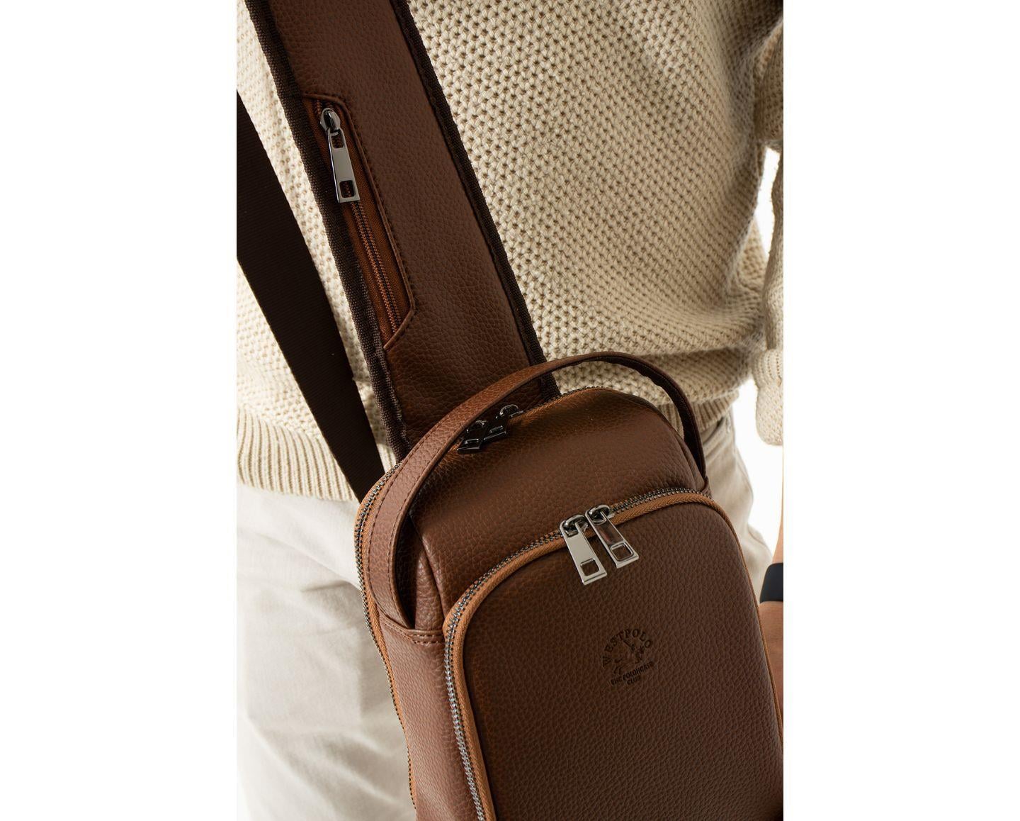 NL6075 - TabaWestpolo Vegan Tek Omuz Askılı Fermuarlı Çok Bölmeli Erkek Sırt ve Göğüs Çantası Body Bag - Taba