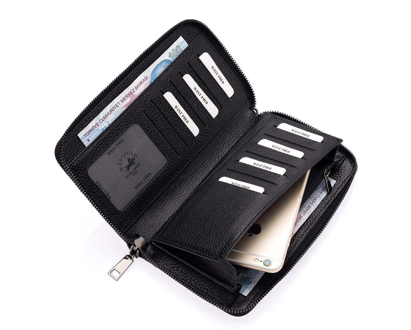 NL7080-SİYAHWestpolo Daisy Unisex Hakiki Deri Telefon Bölmeli Uzun Cüzdan, El Portföyü - Siyah