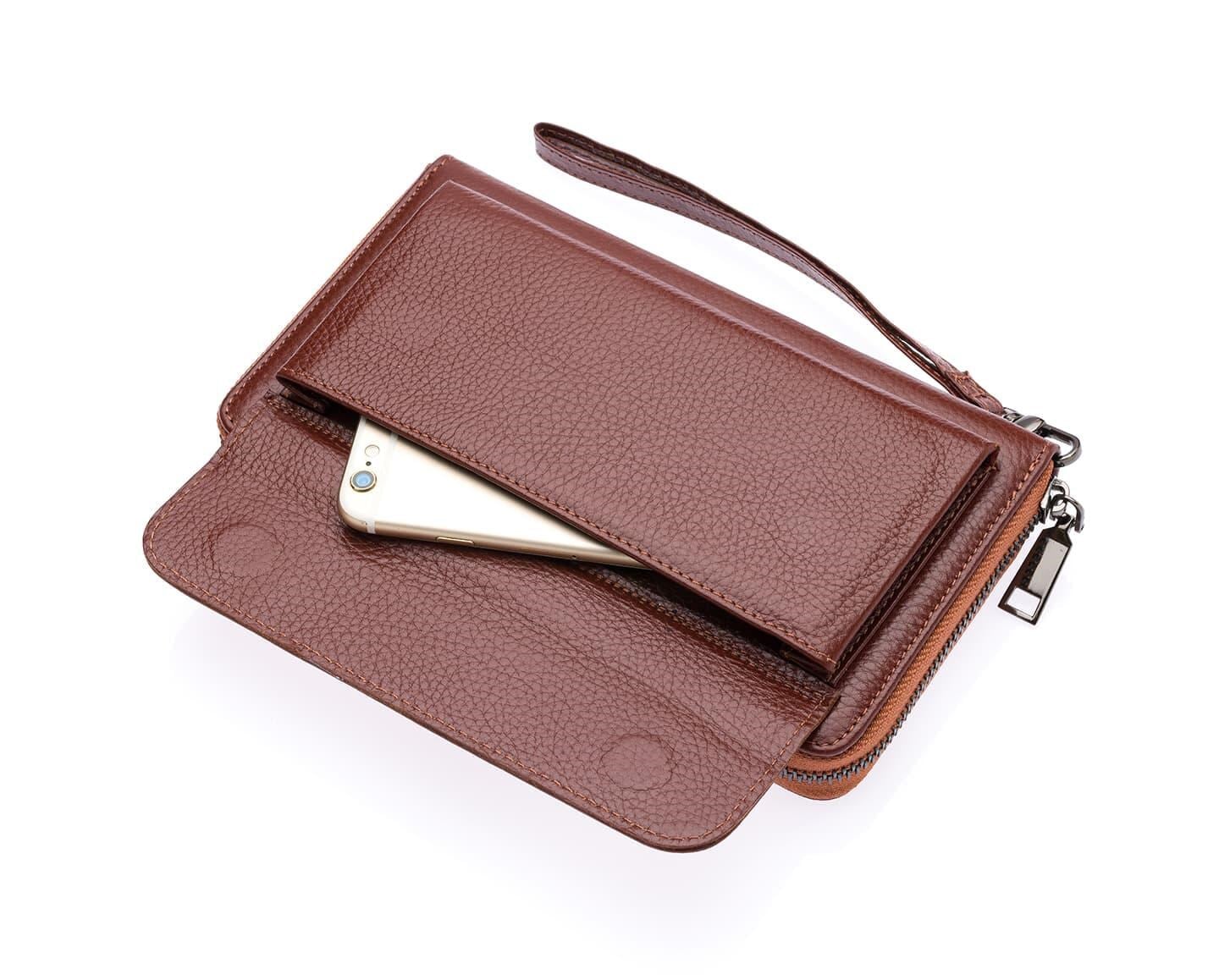 NL7080-TABAWestpolo Daisy Unisex Hakiki Deri Telefon Bölmeli Uzun Cüzdan, El Portföyü - Taba