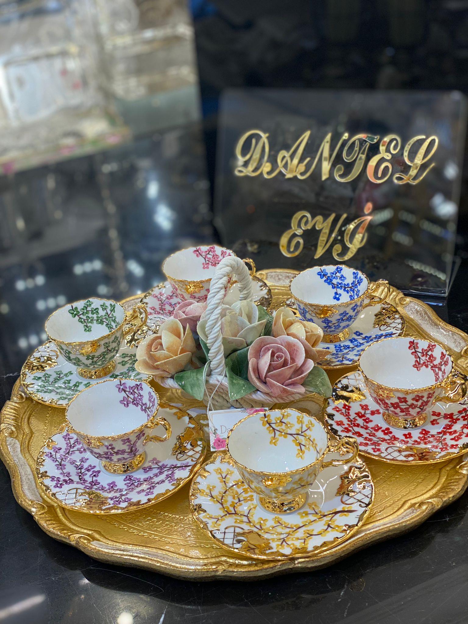Altılı Bahardalı Model Asorti El Boyaması Kahve Fincan Takımı