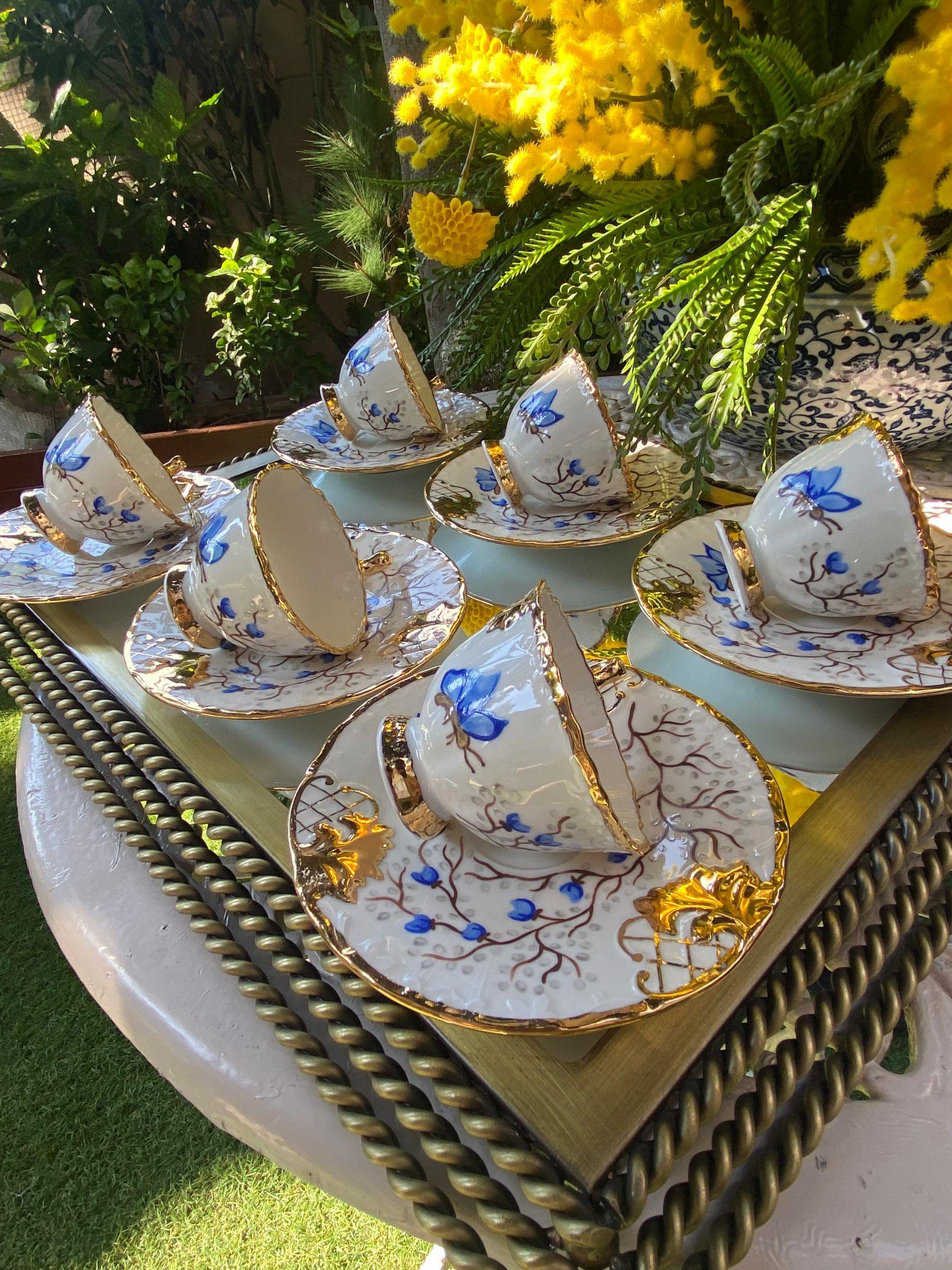 Altılı Blue Butterfly Model El Boyaması Kahve Fincan Takımı