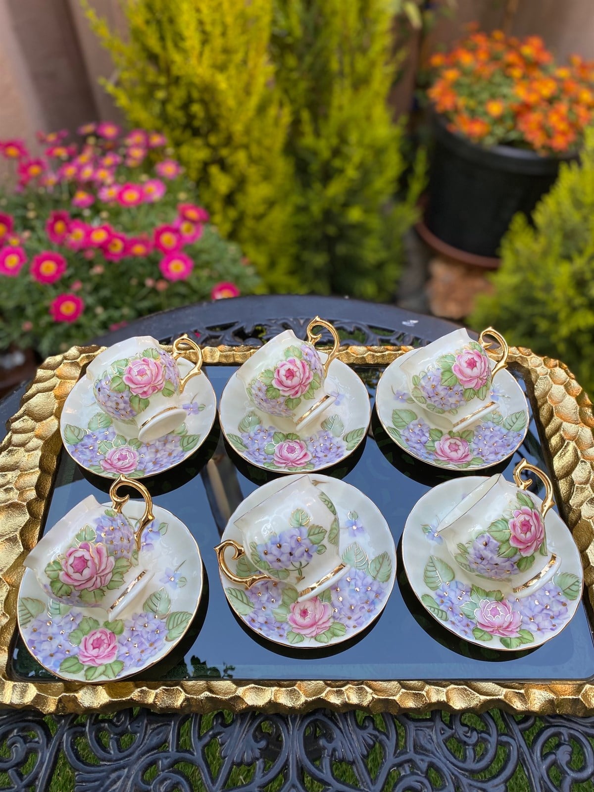 Altılı Pembe Mor Ortanca Model El Boyaması Renkli Kahve Fincan Takımı