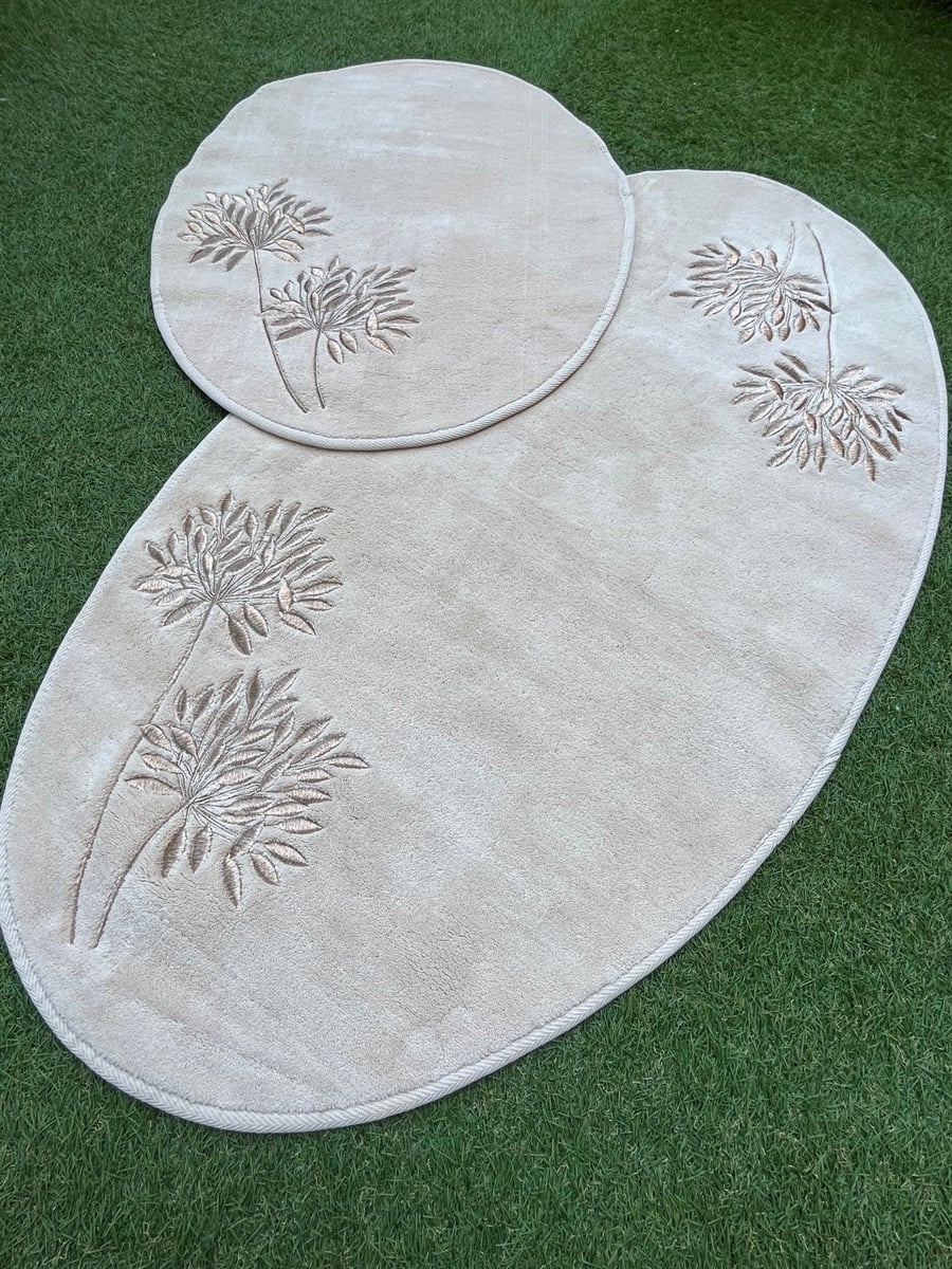 Bej Bronz Palmiye Nakışlı Oval Paspas Takımı