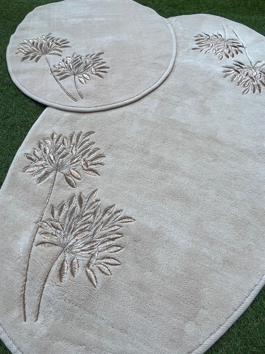 Bej Bronz Palmiye Nakışlı Oval Paspas Takımı
