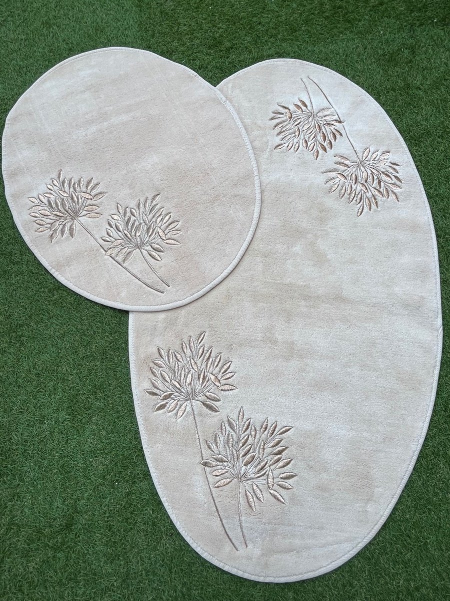 Bej Bronz Palmiye Nakışlı Oval Paspas Takımı