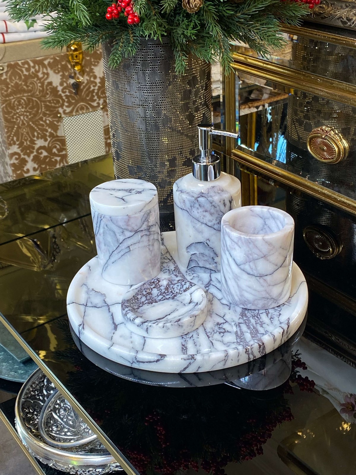 Krem Gri Detaylı 5 Parça Mermer Banyo Takımı