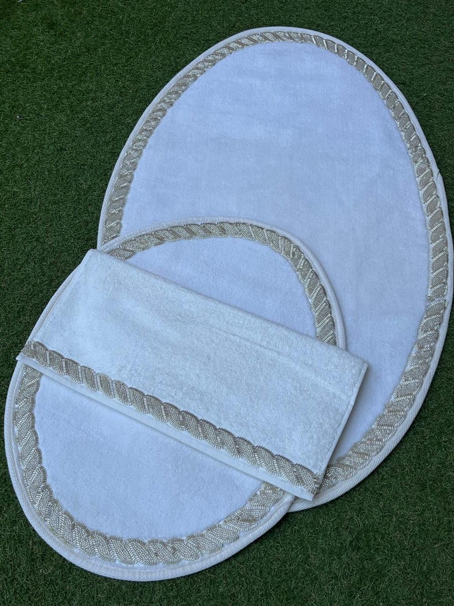 Krem Halat Taşlı Oval Paspas Takımı