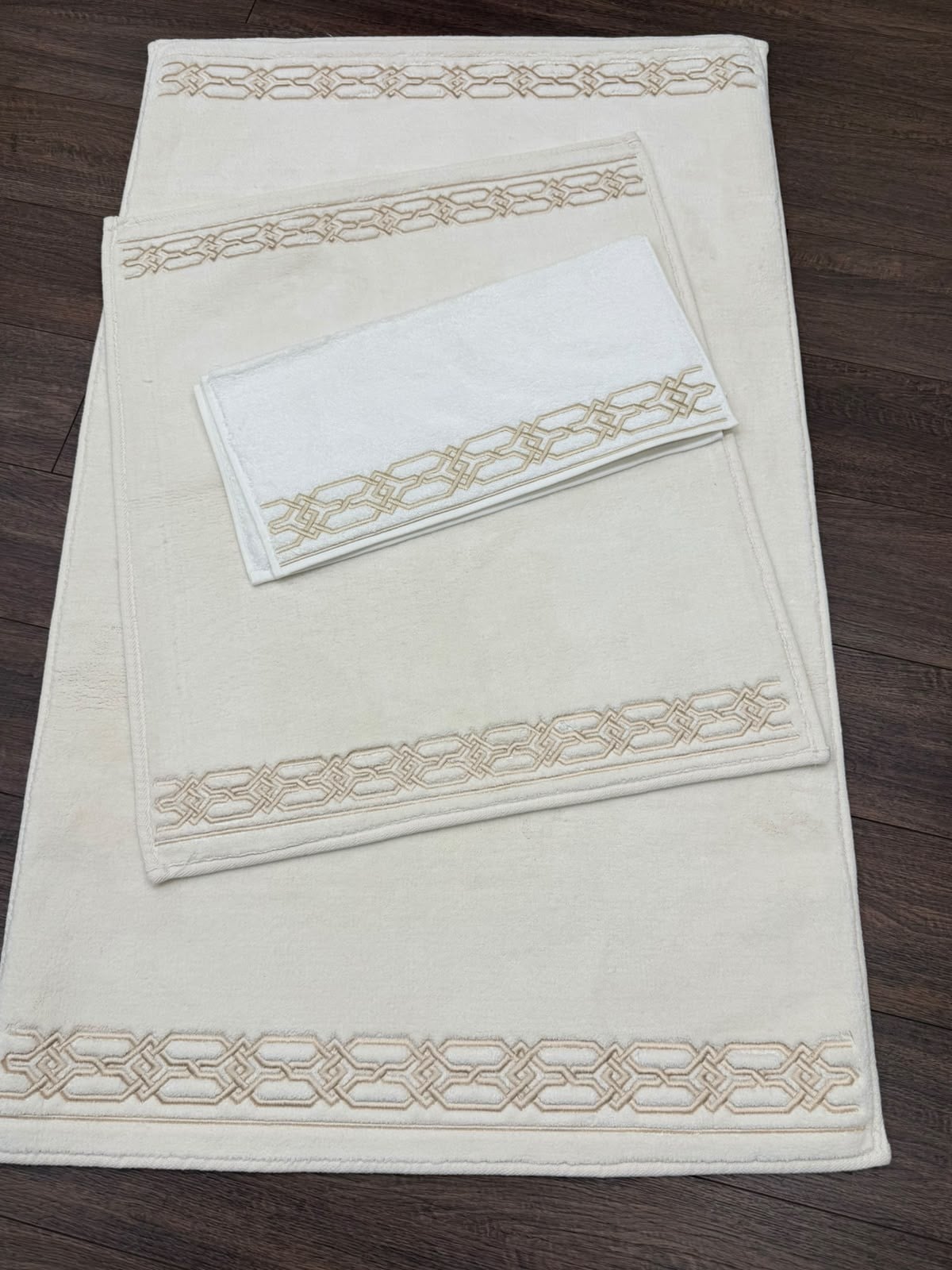 Krem Karamel Geometrik Nakışlı 70x120 cm Paspas Takımı