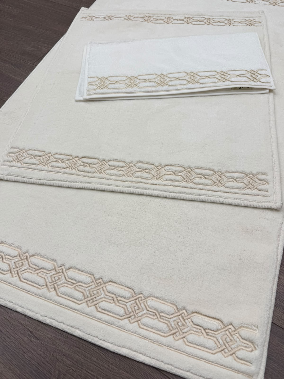 Krem Karamel Geometrik Nakışlı 70x120 cm Paspas Takımı