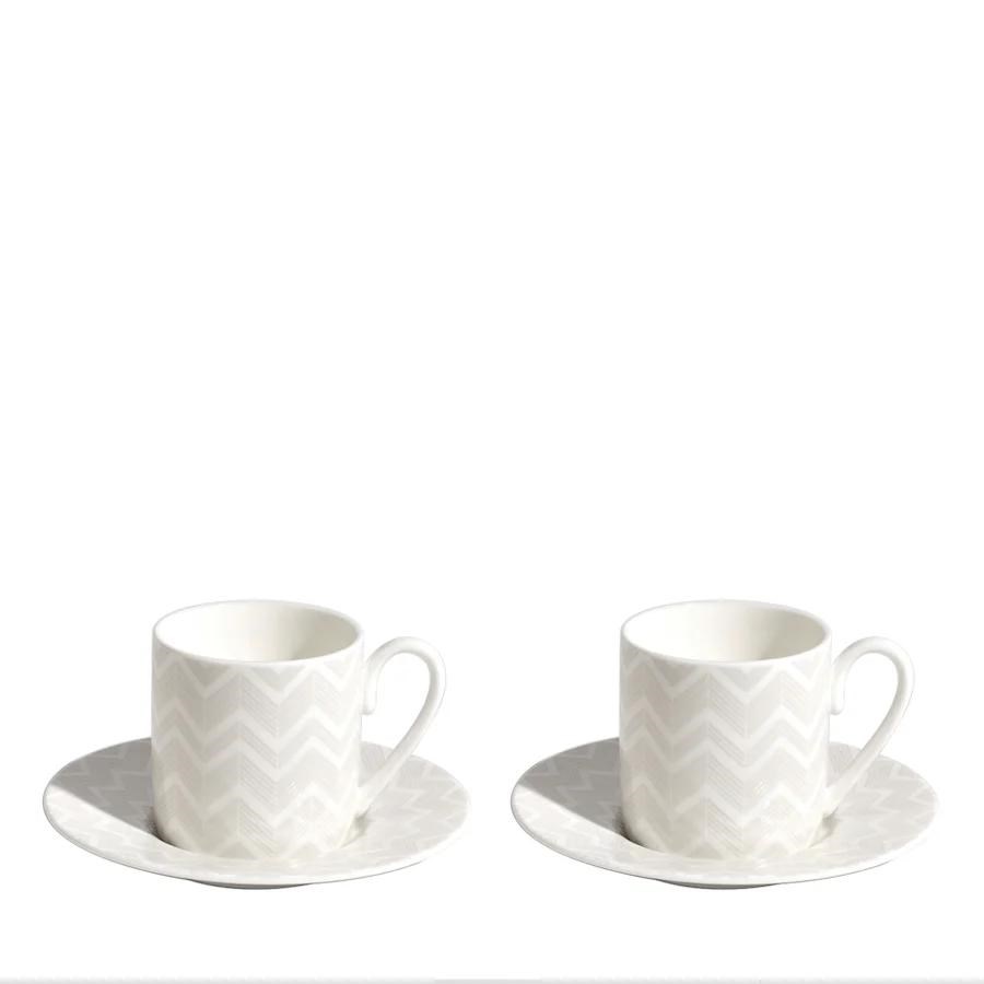 MISSONI ZIG ZAG WHITE - BEYAZ-GRI, 2 KISILIK TURK KAHVESI FINCAN VE TABAGI SETI 0,10 L, 4 PARCA