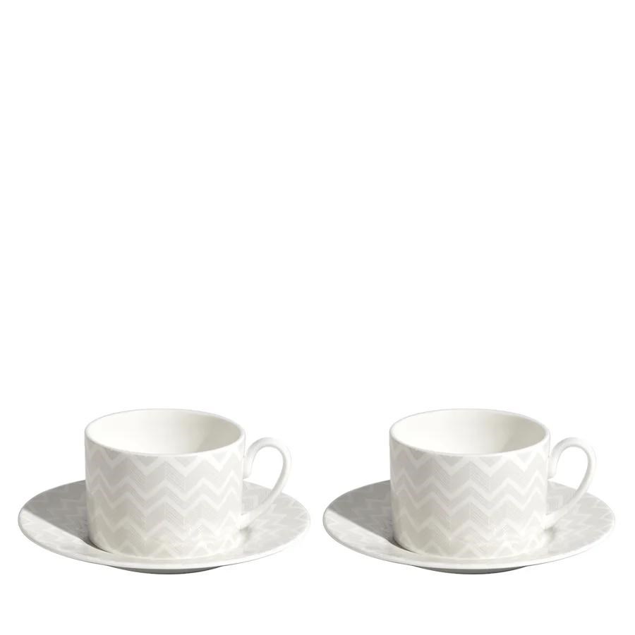 MISSONI ZIG ZAG WHITE - BEYAZ-GRI, 2 KISILIK KAHVE/CAY FINCAN VE TABAGI SETI, 0,20 L, 4 PARCA