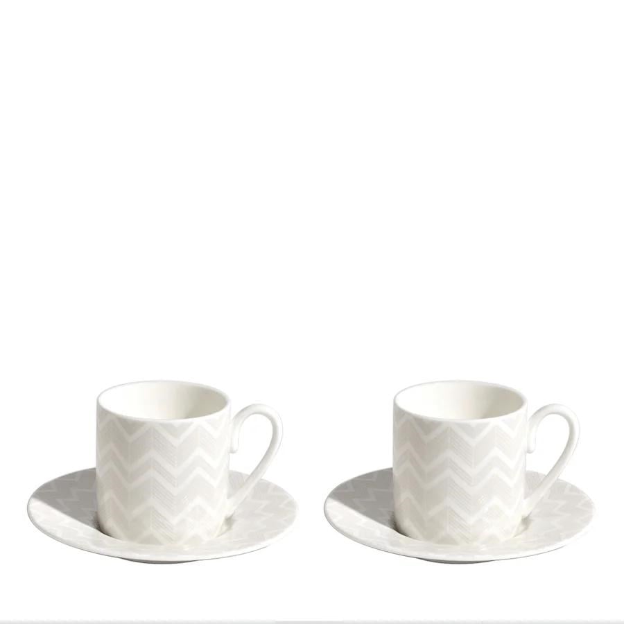 MISSONI ZIG ZAG WHITE - BEYAZ-GRI, 2 KISILIK TURK KAHVESI FINCAN VE TABAGI SETI 0,10 L, 4 PARCA