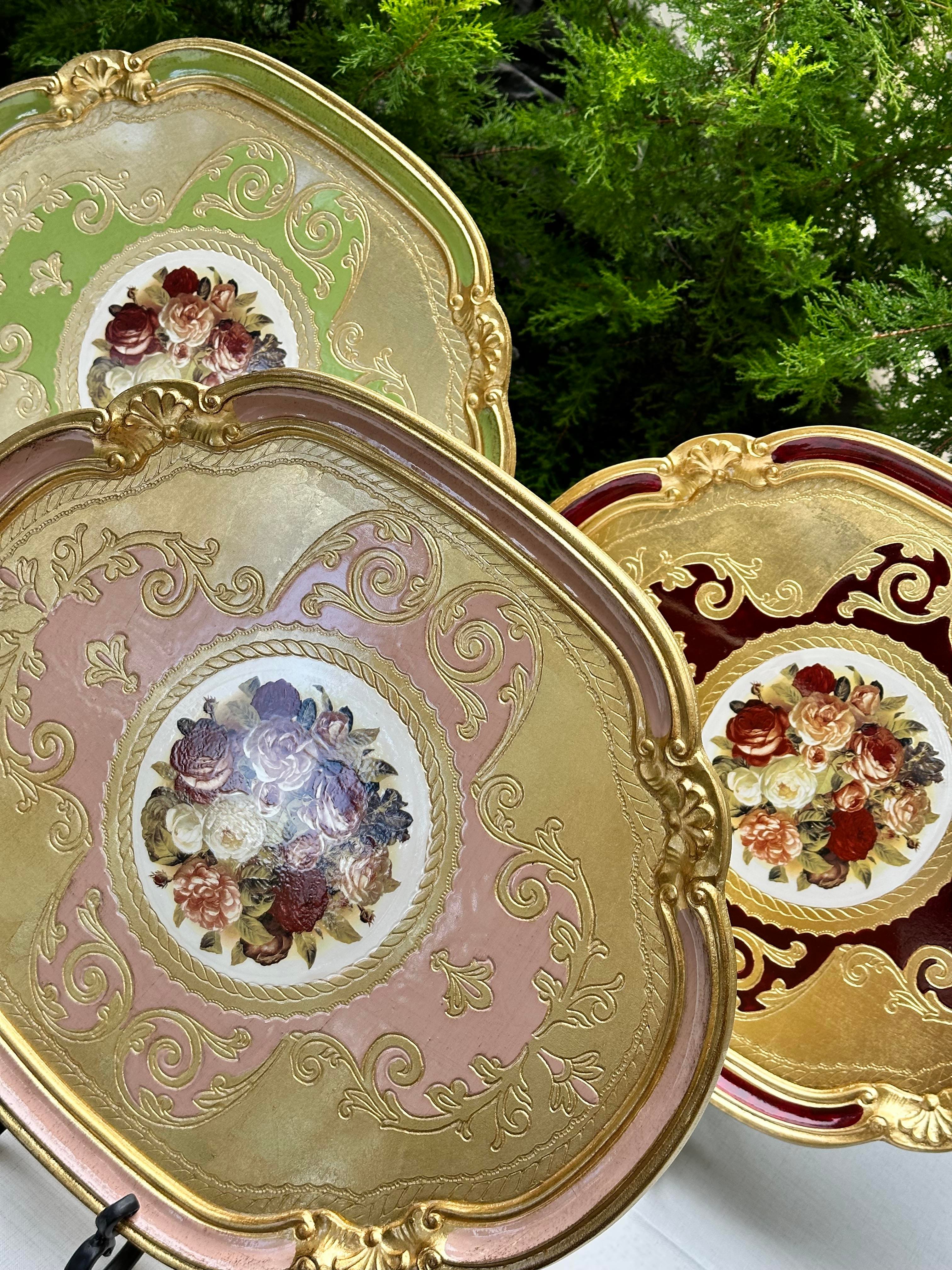 Oval El Boyaması Gül Buketi 51x41 cm İtalyan Gül Ağacı Tepsi