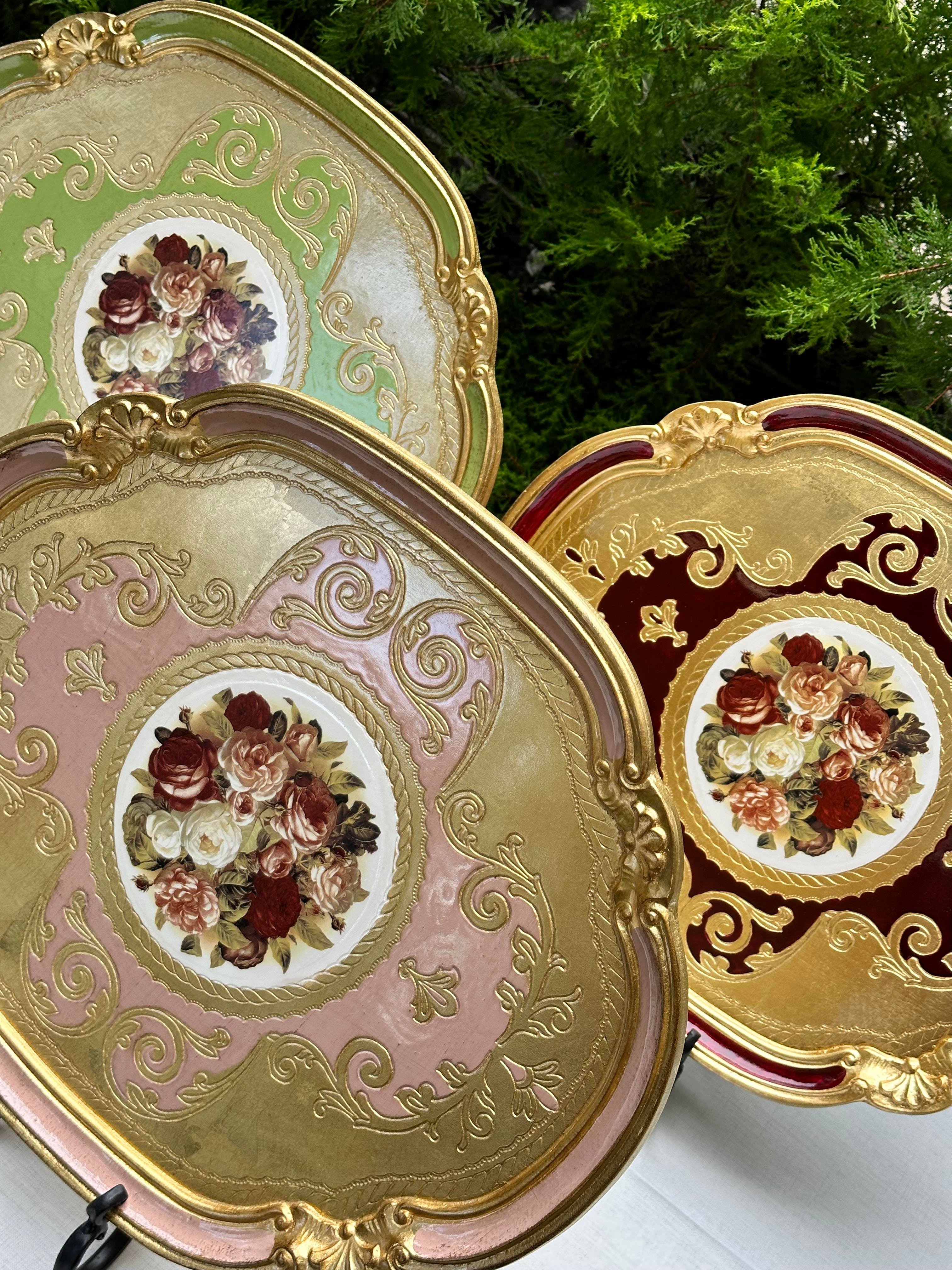 Oval El Boyaması Gül Buketi 51x41 cm İtalyan Gül Ağacı Tepsi