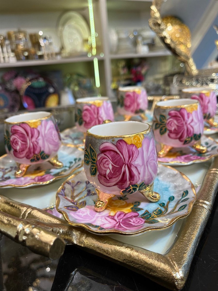 Pembe Rose Model El Boyaması Kahve Fincan Takımı