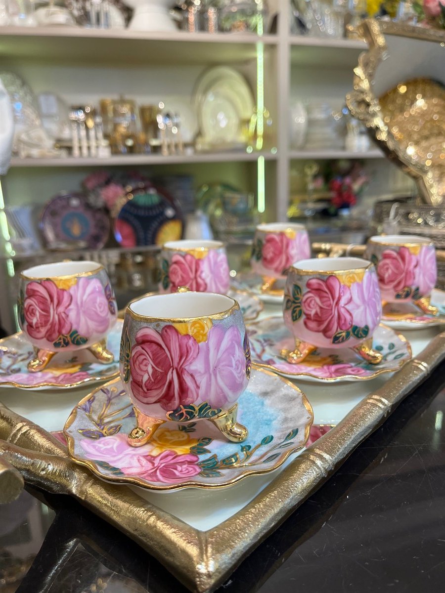 Pembe Rose Model El Boyaması Kahve Fincan Takımı