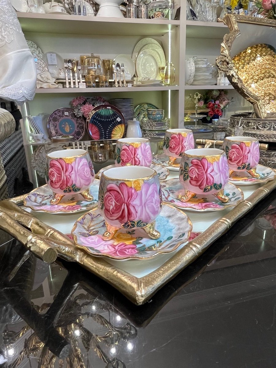 Pembe Rose Model El Boyaması Kahve Fincan Takımı