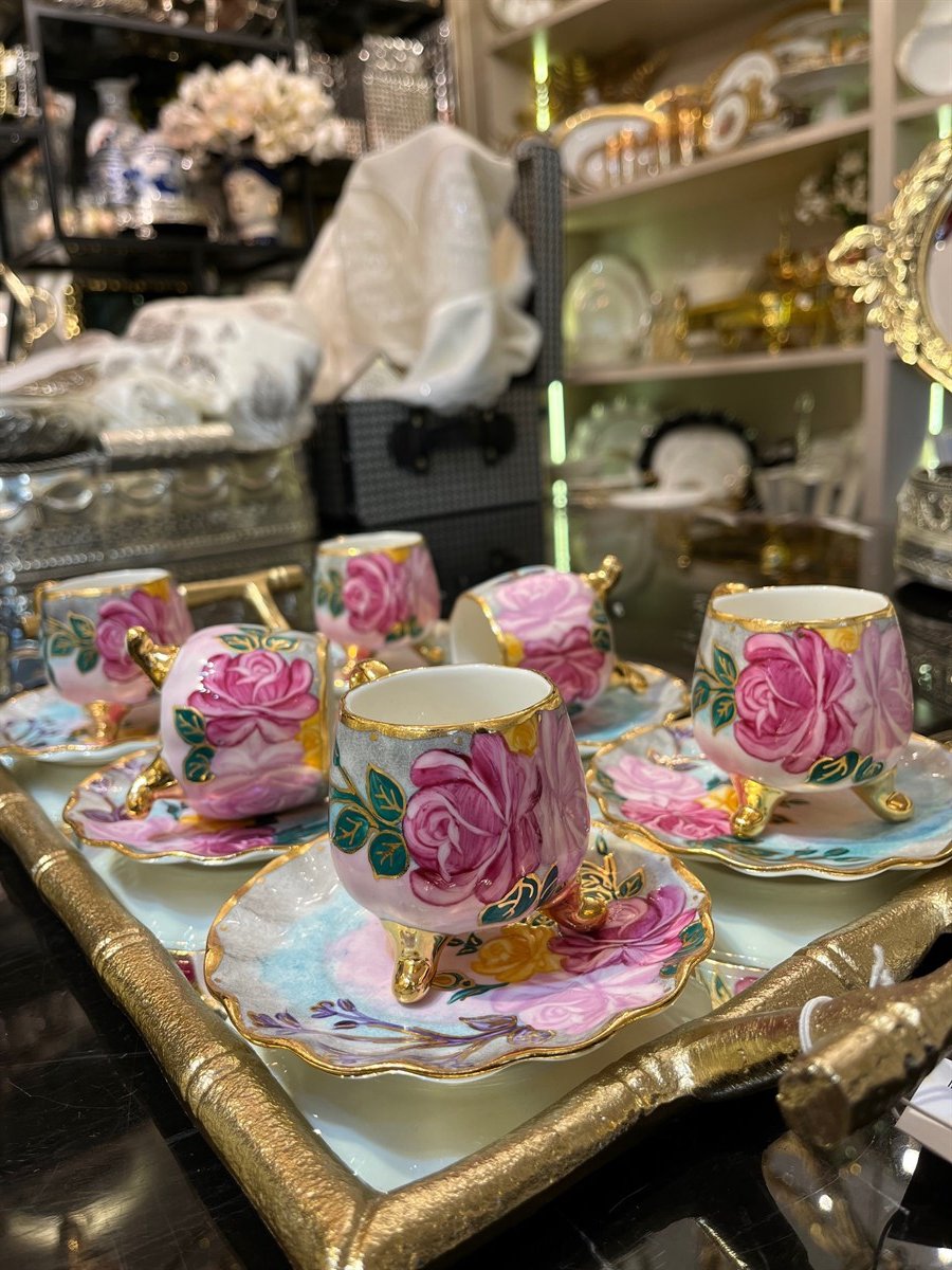 Pembe Rose Model El Boyaması Kahve Fincan Takımı