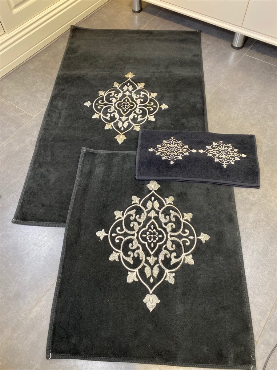 Siyah Damask Nakışlı Dikdörtgen Paspas Takımı
