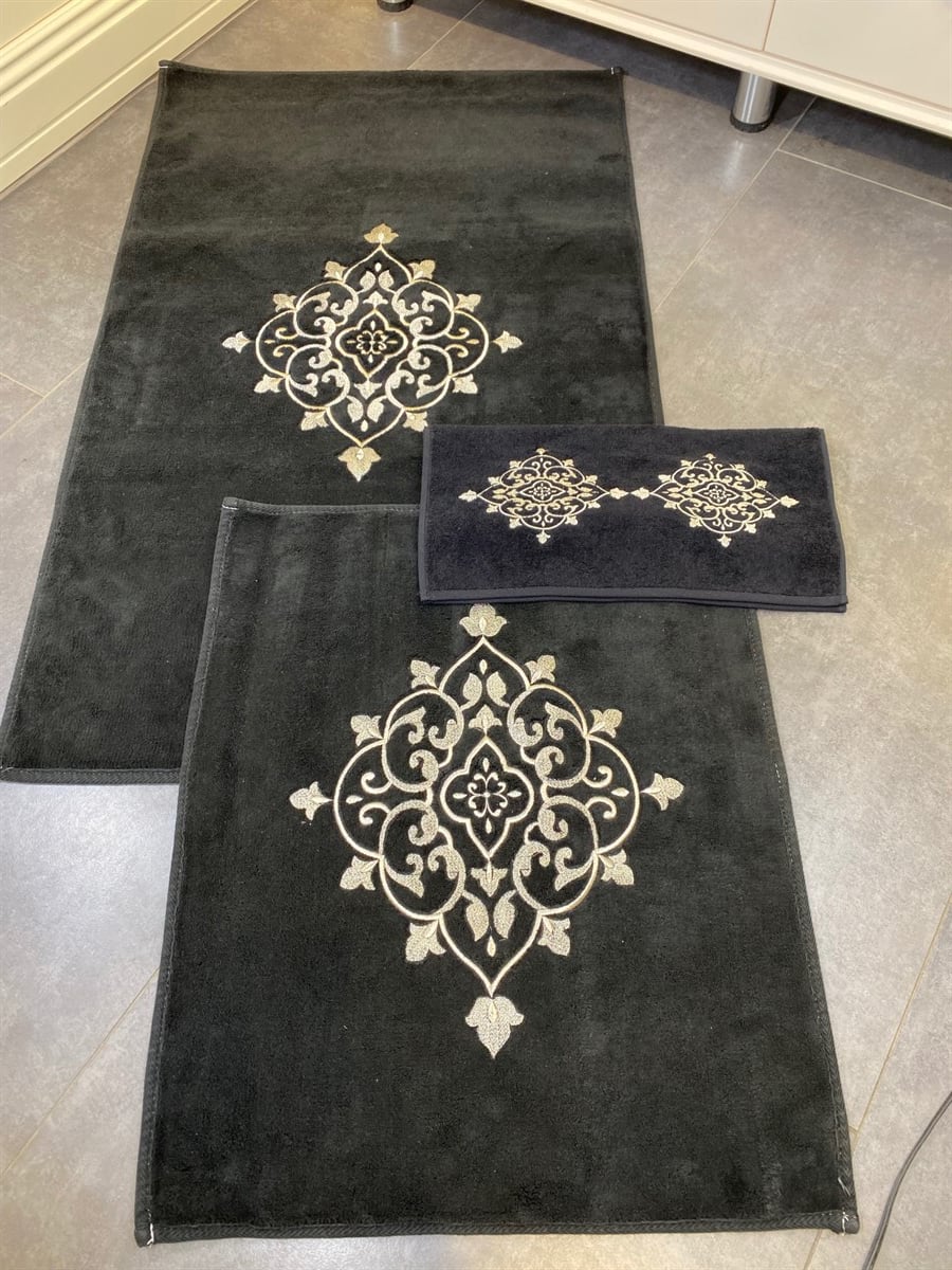 Siyah Damask Nakışlı Dikdörtgen Paspas Takımı
