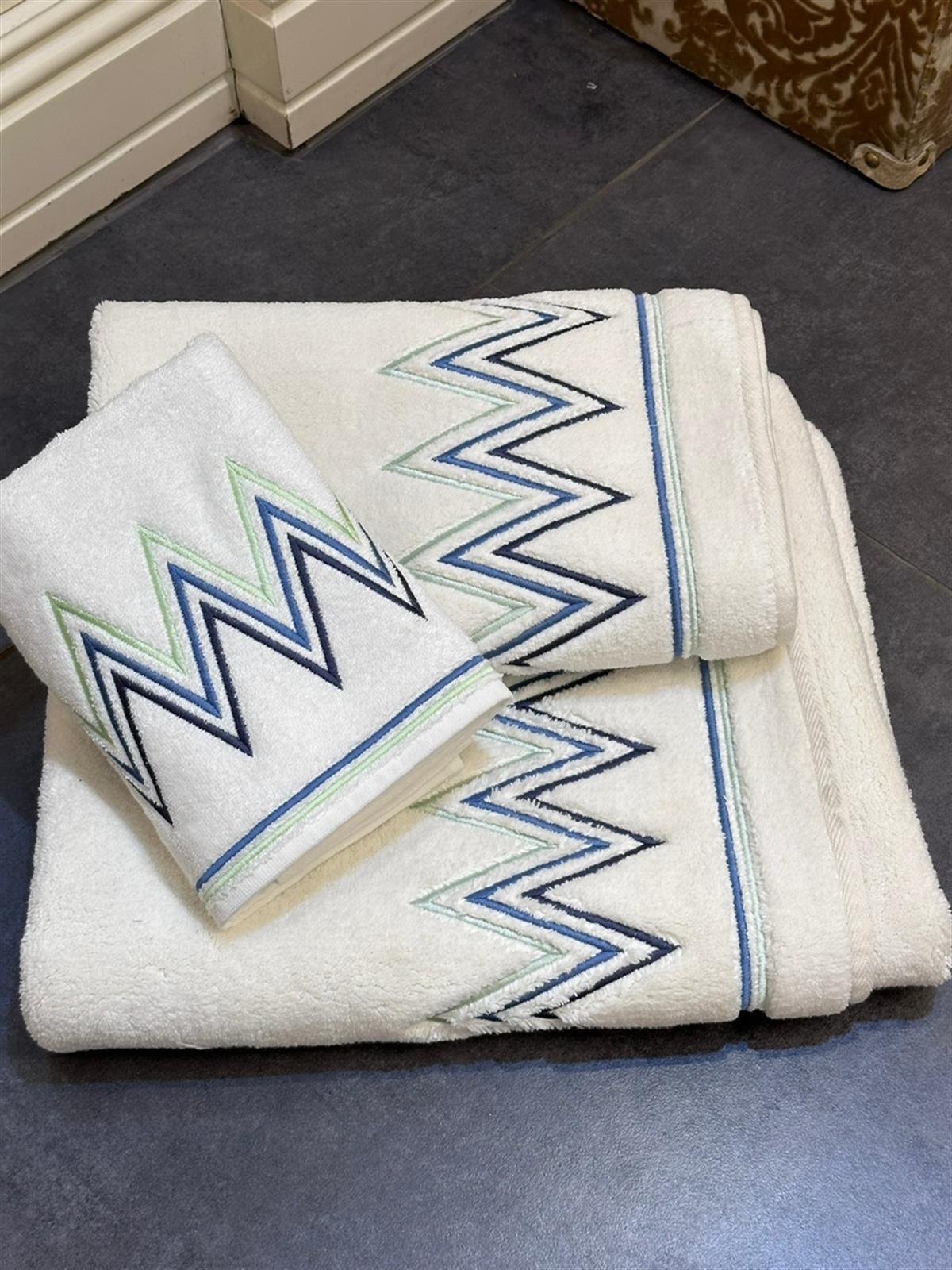 Zigzag Mavi Nakışlı Paspas Takımı