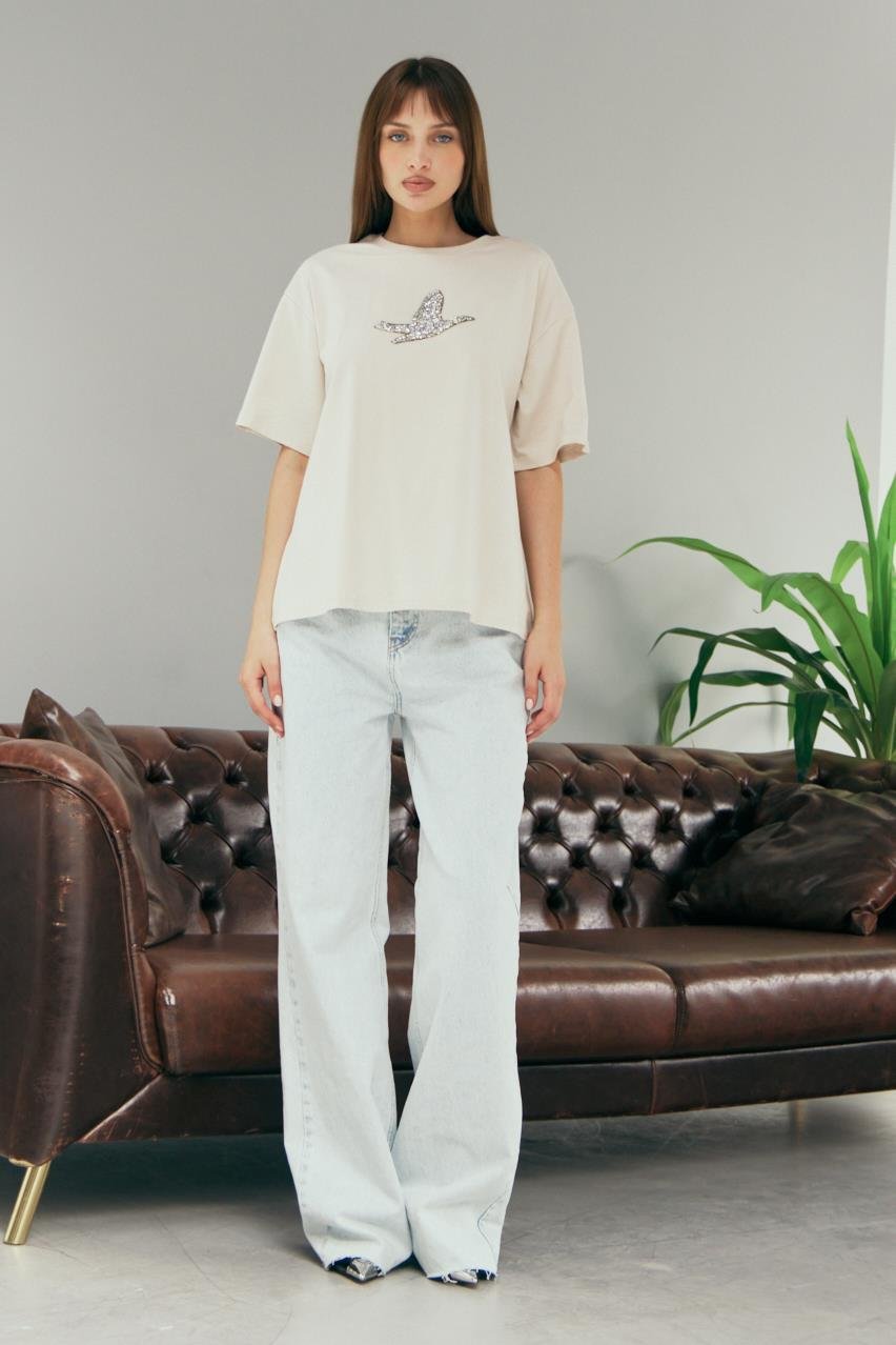 Pranga Kadın Bej Kuş Baskılı T-Shirt - TSH.KD.0613