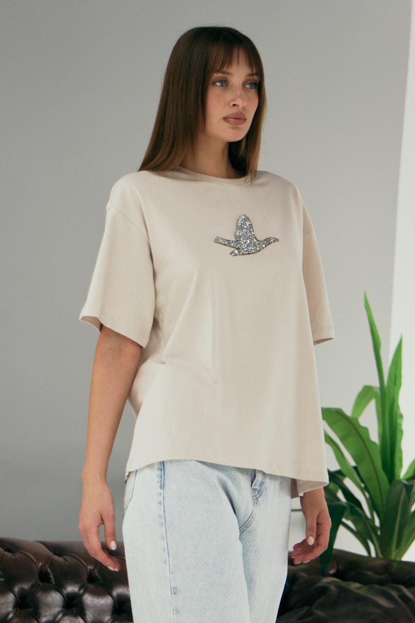 Pranga Kadın Bej Kuş Baskılı T-Shirt - TSH.KD.0613