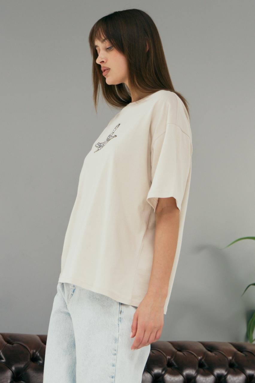 Pranga Kadın Bej Kuş Baskılı T-Shirt - TSH.KD.0613