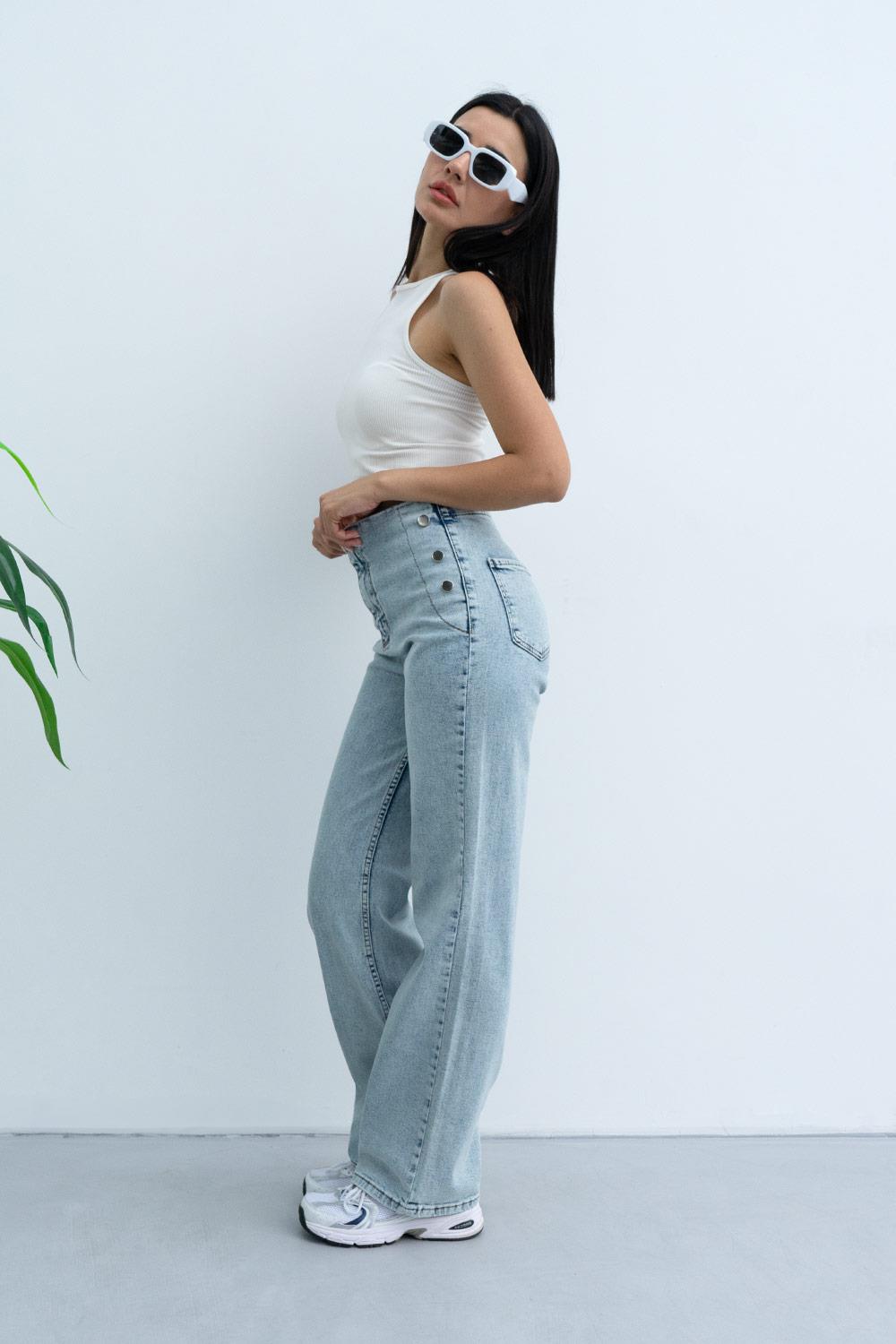 Pranga Kadın Buz Mavi Düğme Detaylı Pantolon - PNT.KD.0727