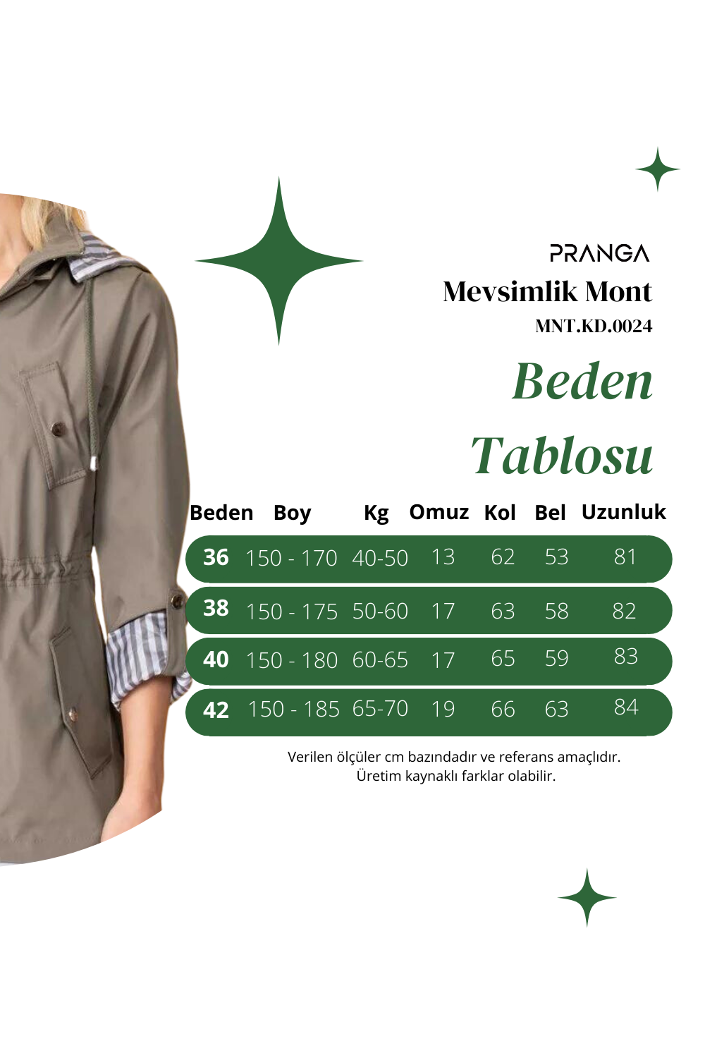 Pranga Kadın Haki Yeşil Kapüşonlu Mevsimlik Mont - MNT.KD.0024
