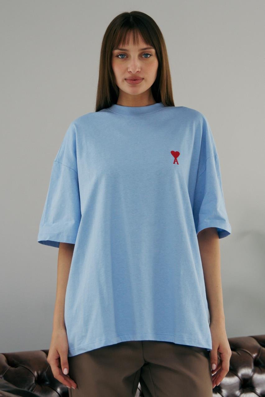Pranga Kadın Mavi Bisiklet Yaka Kalp Nakışlı T-Shirt - TSH.KD.0614