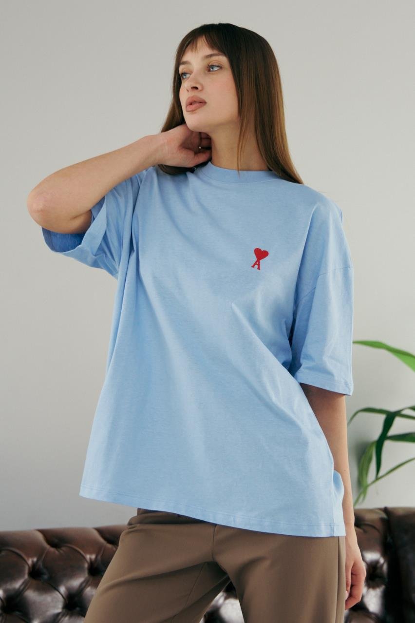 Pranga Kadın Mavi Bisiklet Yaka Kalp Nakışlı T-Shirt - TSH.KD.0614