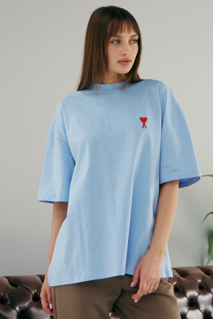 Pranga Kadın Mavi Bisiklet Yaka Kalp Nakışlı T-Shirt - TSH.KD.0614