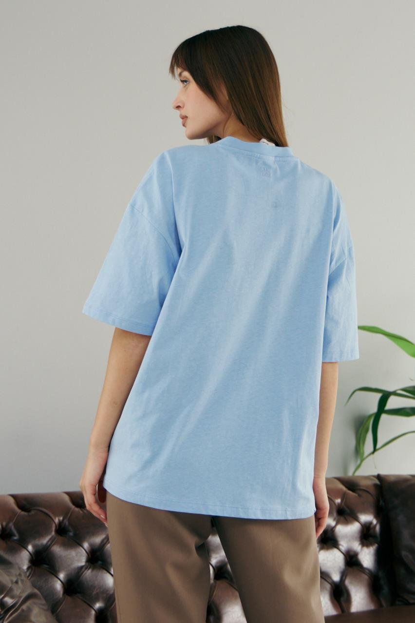 Pranga Kadın Mavi Bisiklet Yaka Kalp Nakışlı T-Shirt - TSH.KD.0614