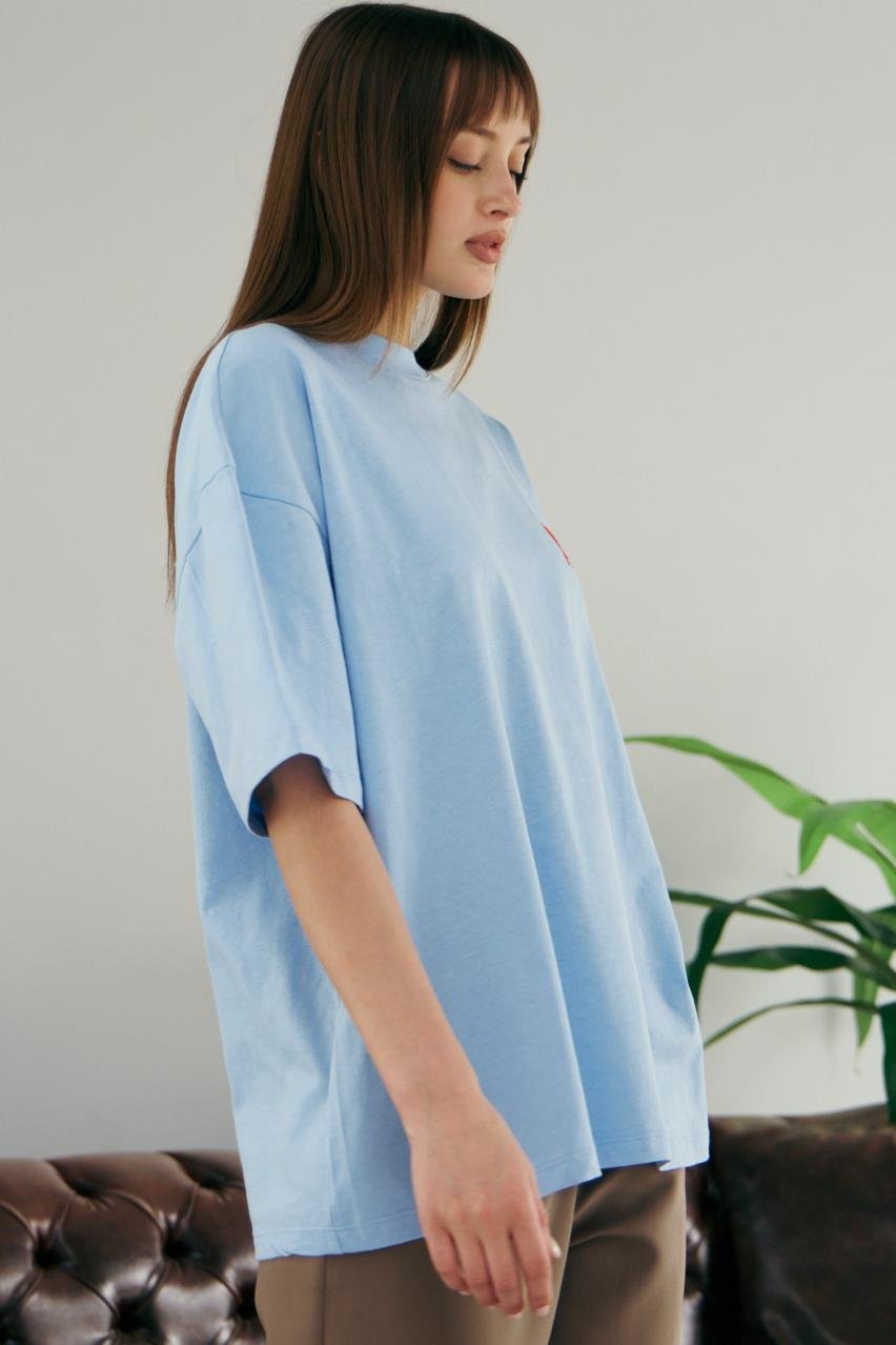 Pranga Kadın Mavi Bisiklet Yaka Kalp Nakışlı T-Shirt - TSH.KD.0614