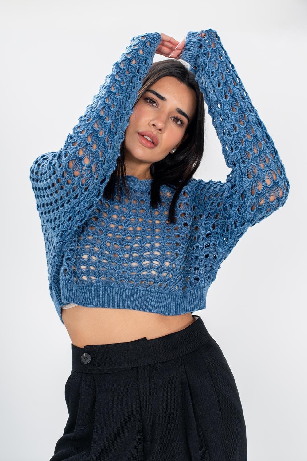 Pranga Kadın Mavi Delikli Crop Kazak - KZK.KD.0172