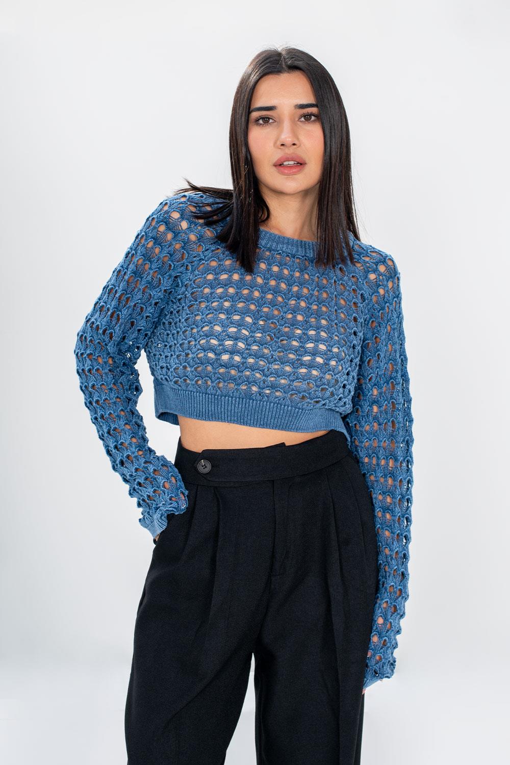 Pranga Kadın Mavi Delikli Crop Kazak - KZK.KD.0172