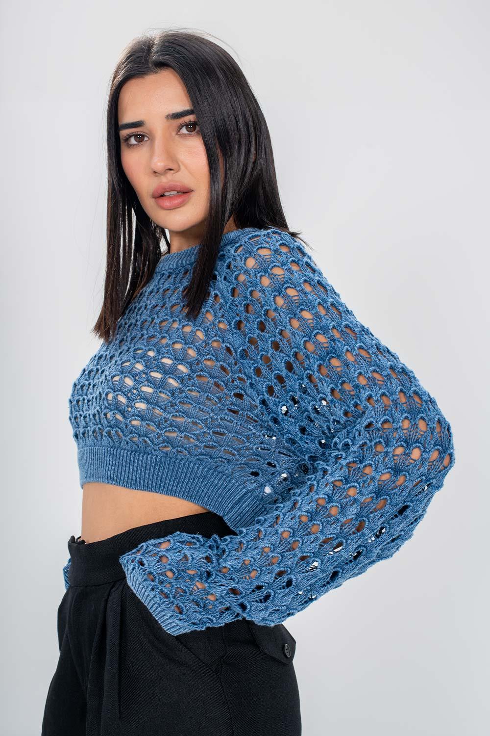 Pranga Kadın Mavi Delikli Crop Kazak - KZK.KD.0172