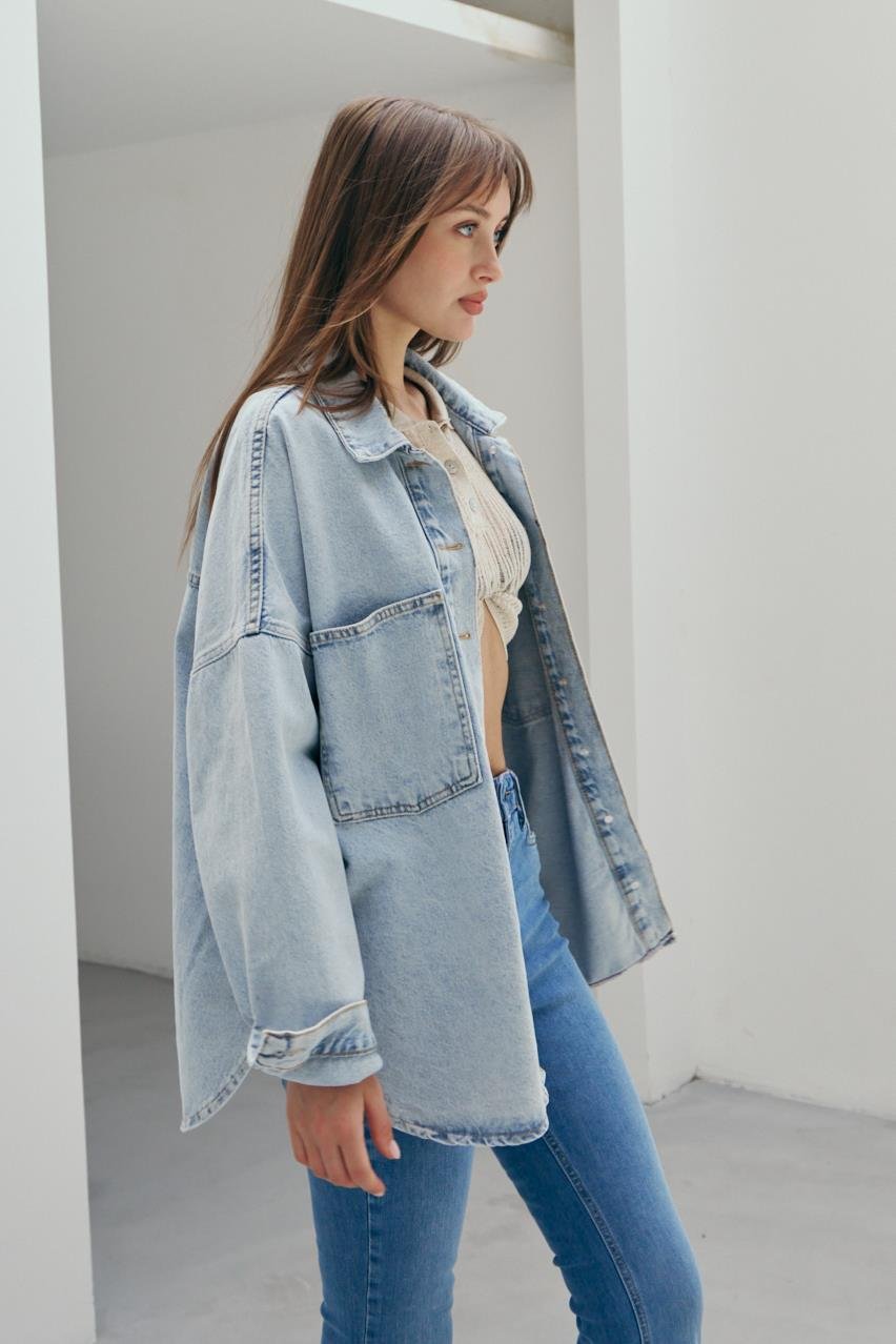 Pranga Kadın Mavi Oversize Cepli Gömlek - GML.KD.0242