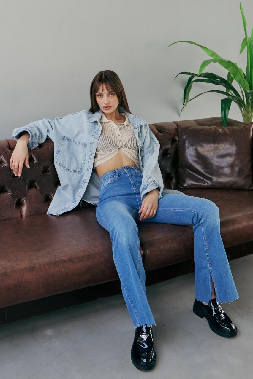 Pranga Kadın Mavi Oversize Cepli Gömlek - GML.KD.0242