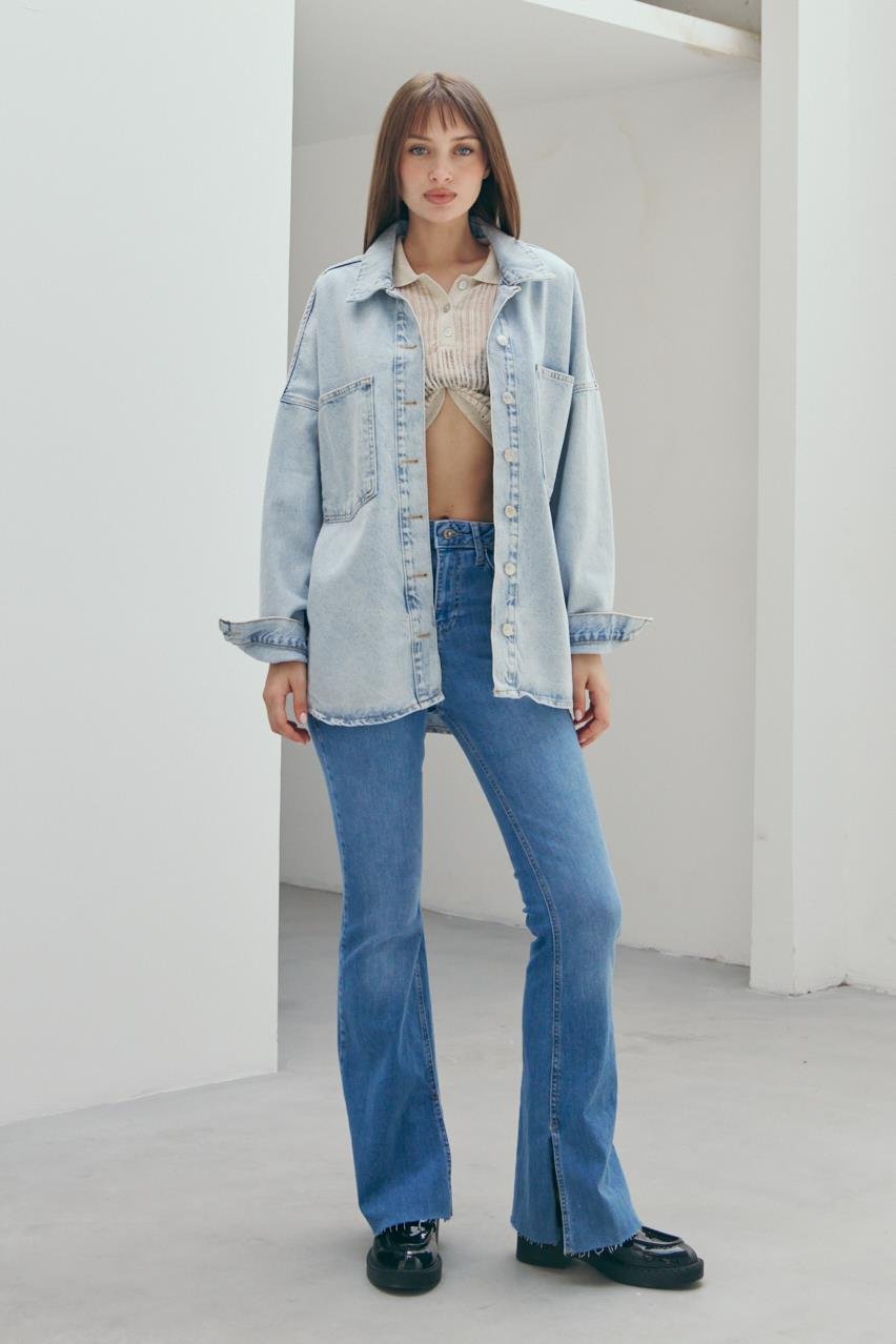 Pranga Kadın Mavi Oversize Cepli Gömlek - GML.KD.0242