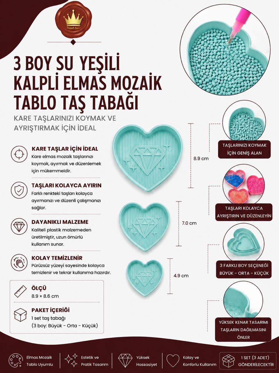 AKSESUARMarcel Sanat Elmas Mozaik Tablo & Diamond Painting TurkeyM2017YŞL3LÜMARCEL 3 Boy Su Yeşili Kalpli Elmas Mozaik Tablo Taş Tabağı