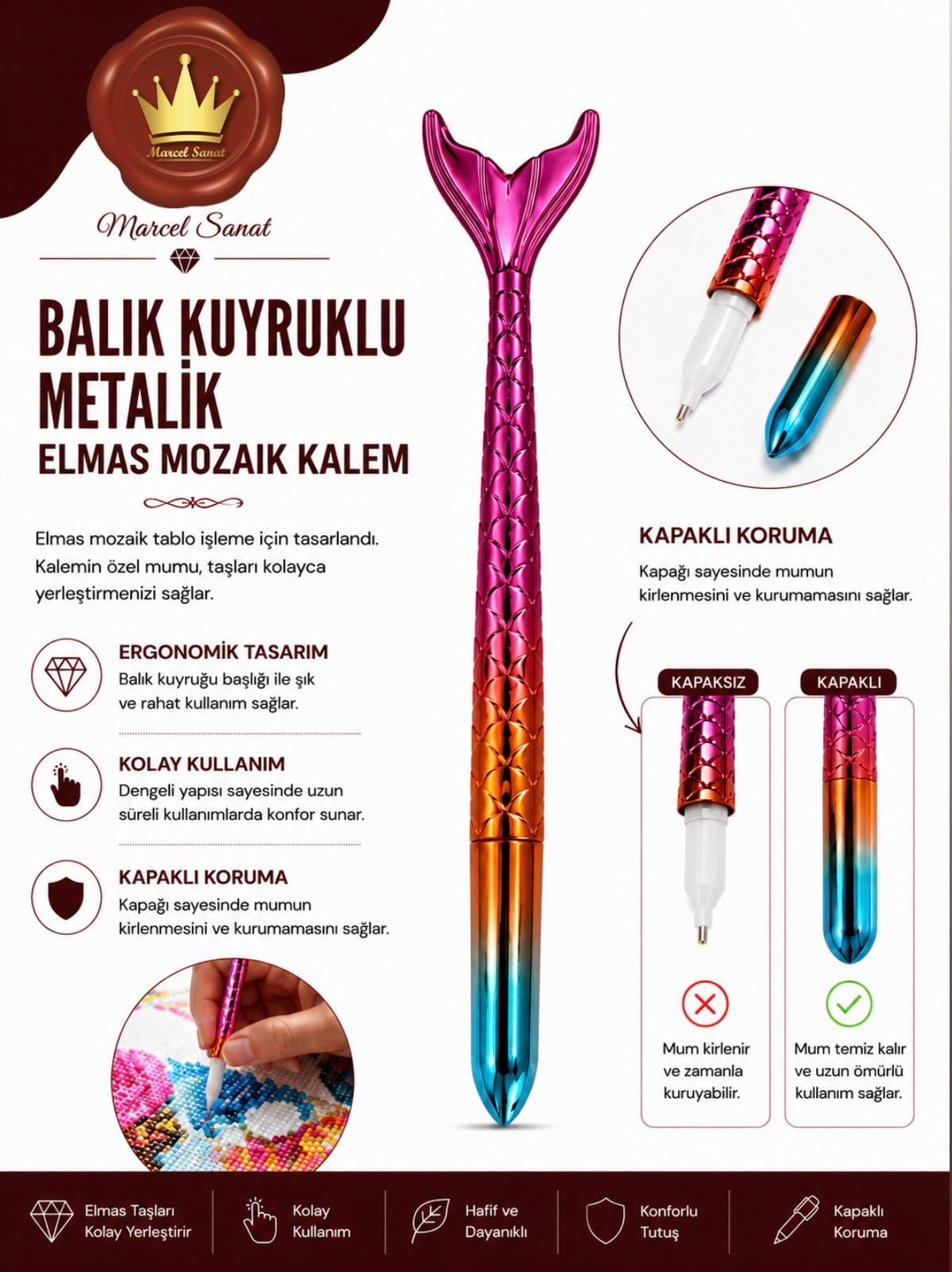 AKSESUARMarcel Sanat Elmas Mozaik Tablo & Diamond Painting TurkeyM2017BLKKLMMARCEL Balık Kuyruklu Metalik Elmas Mozaik Kalemi