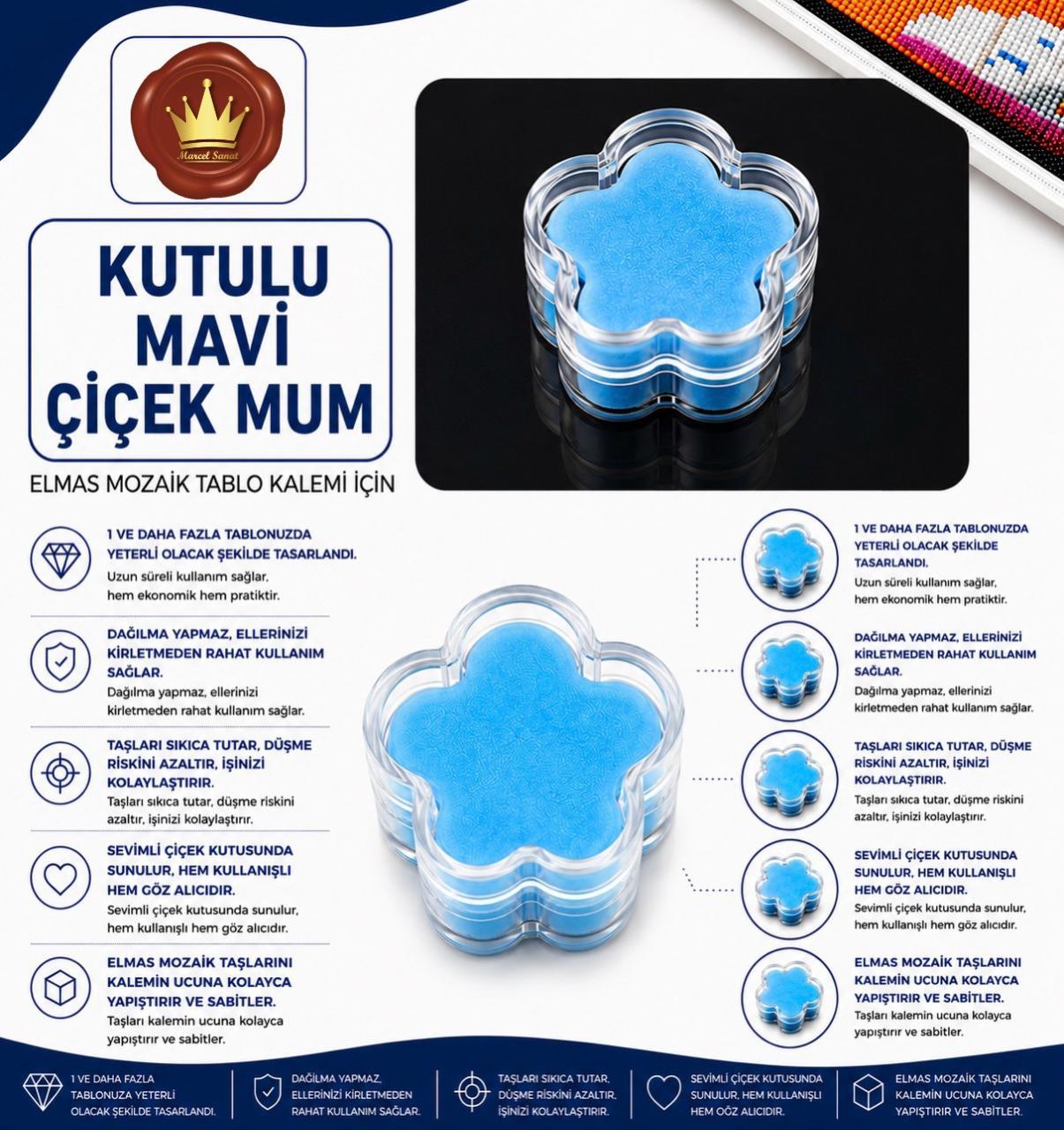 AKSESUARMarcel Sanat Elmas Mozaik Tablo & Diamond Painting TurkeyM2017MVİÇMMARCEL Şeffaf Kutulu Mavi Çiçek Şeklinde Mum