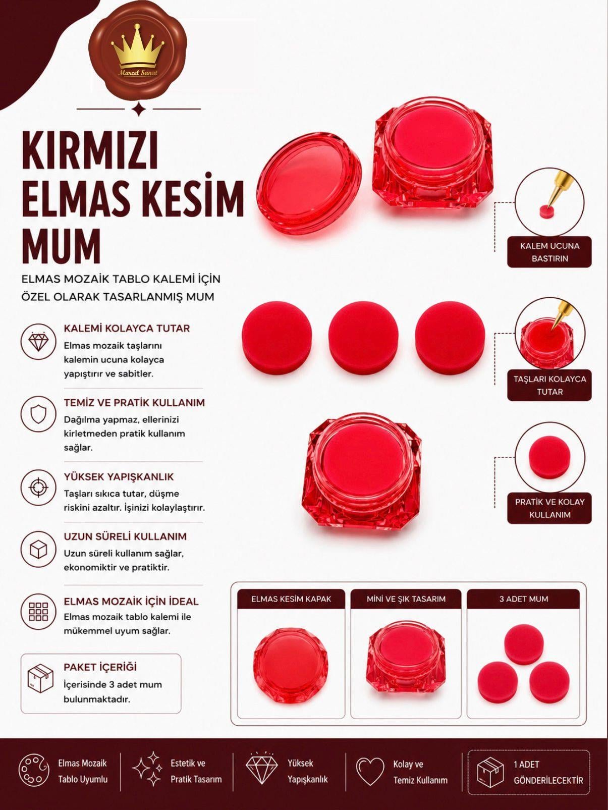 AKSESUARMarcel Sanat Elmas Mozaik Tablo & Diamond Painting TurkeyM2017KRMZELMSMARCEL Kırmızı Elmas Kesim Mum ( 3 adet mum bulunmaktadır )