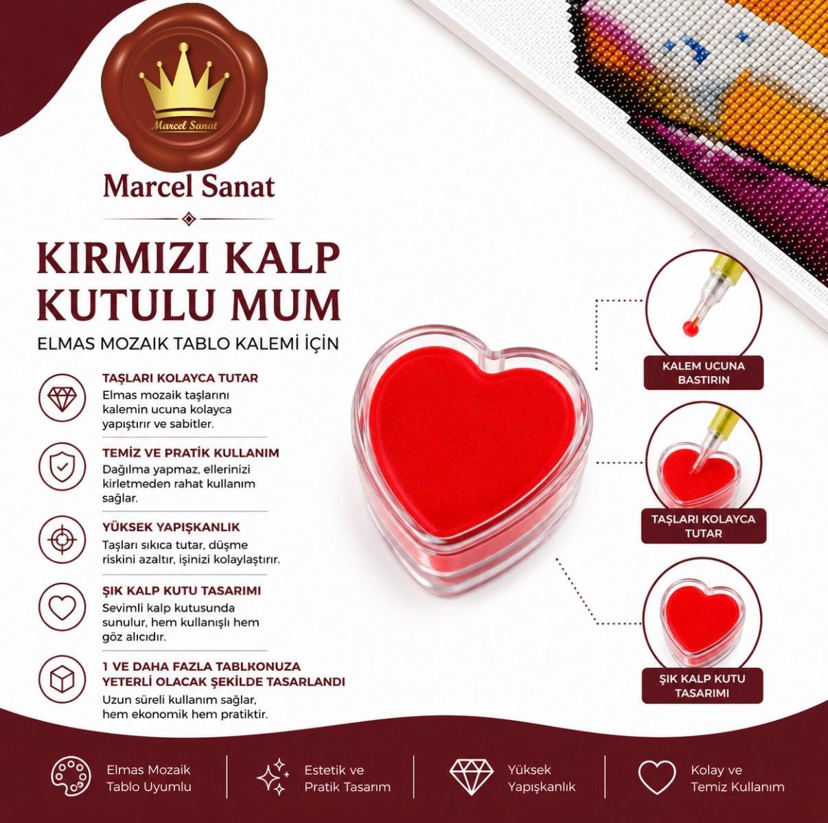 Kalp Taş Tutucu Mum Elmas Mozaik Tablo | Marcel SanatAKSESUARMarcel Sanat Elmas Mozaik Tablo & Diamond Painting TurkeyM2017KALPKMMARCEL Kırmızı Kalp Kutulu Mum