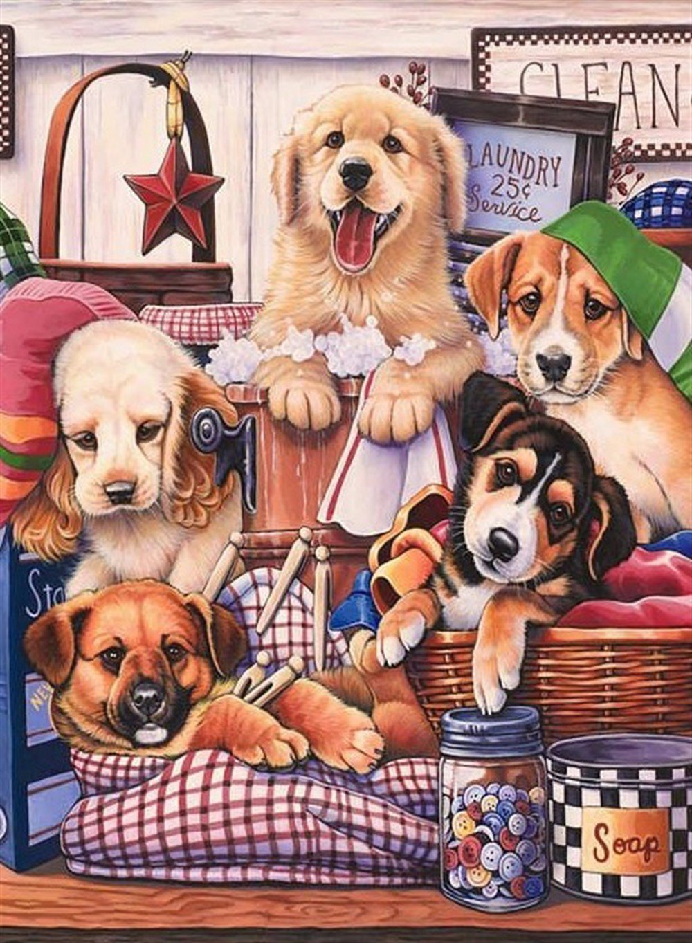 Köpekler Evde Tek Başına Elmas Mozaik Tablo 35x48cm