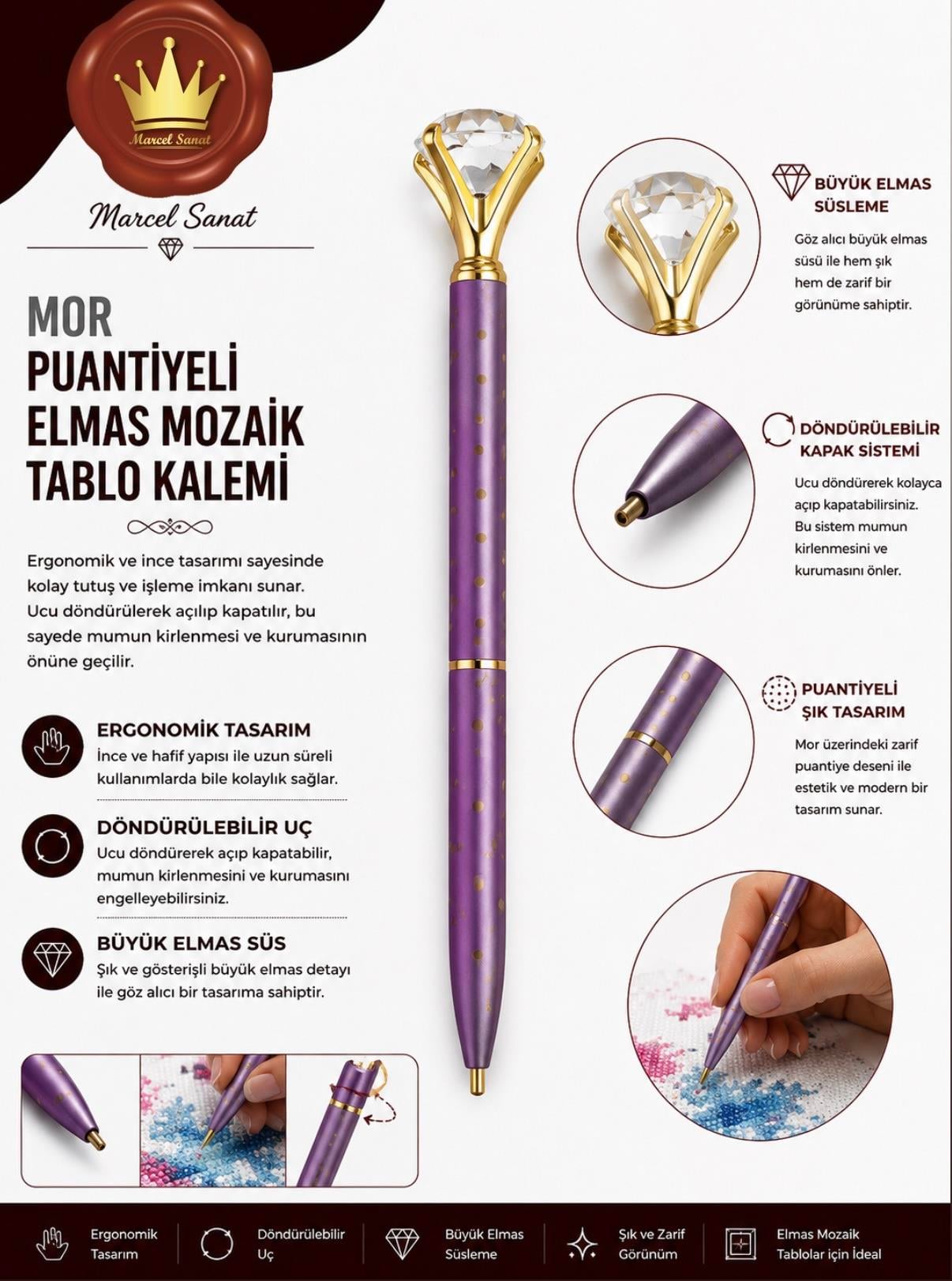 MARCEL Mor Puantiyeli ve Tektaş Süslü Taş Tutma Kalemi AKSESUARMarcel Sanat Elmas Mozaik Tablo & Diamond Painting TurkeyM2017MRRTPSSLMARCEL Mor Puantiyeli ve Tektaş Süslü Taş Tutma Kalemi 