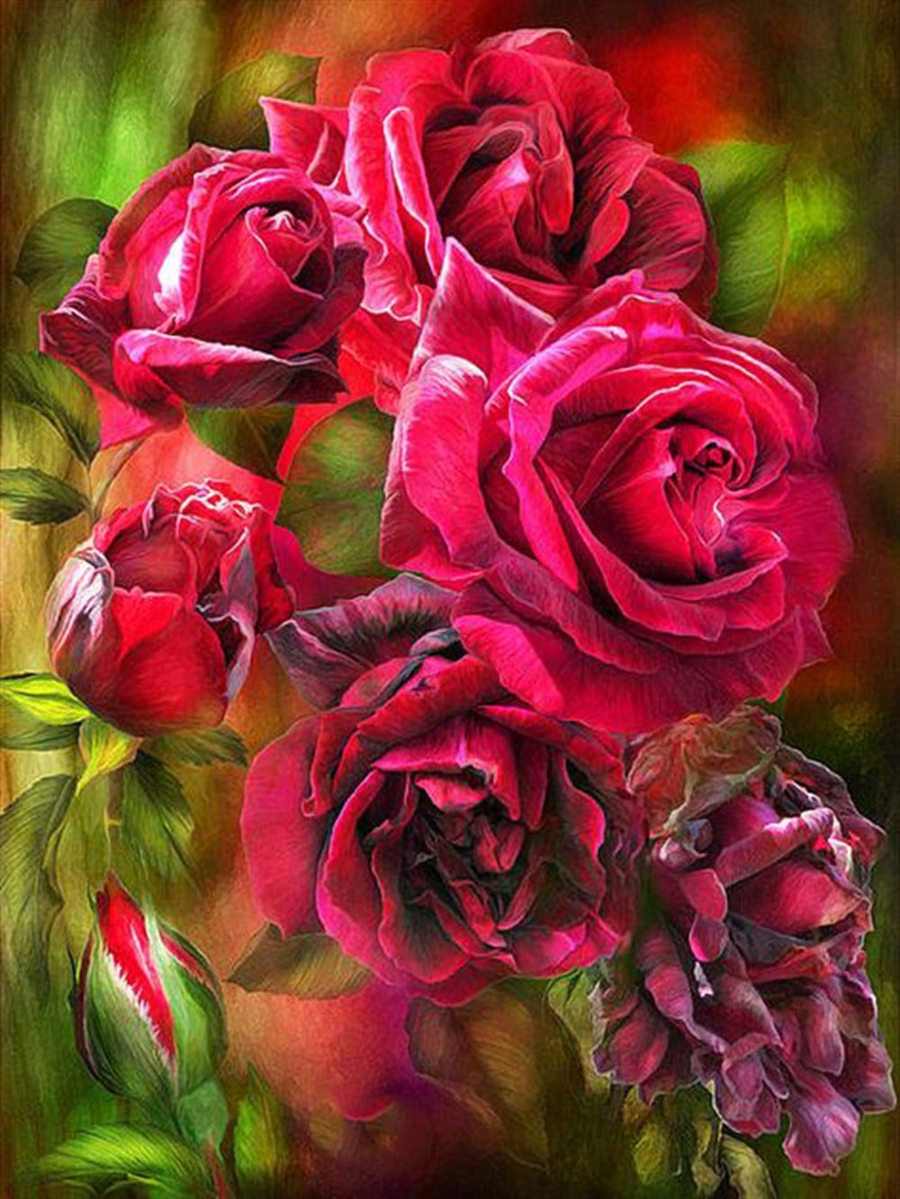 Marcel Sanat Muhteşem Fuşya Pembe Güller Elmas Mozaik Tablo 43x58cm